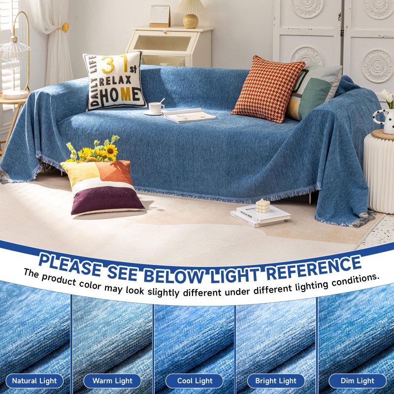 VC Life VClife Blue Couch Cover Chenille Sofa Covers Living Room Furniture Couch Protector with Tassel  Modern Non Slip Couch Cover for 2 Cushion Couch Sofa  Dog Cat Aesthetic Sofa Covers Throw  71""x118"" - Image 5